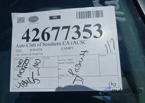 2022 Toyota Camry Le from USA, damaged, VIN 4T1R11AK7NU647226